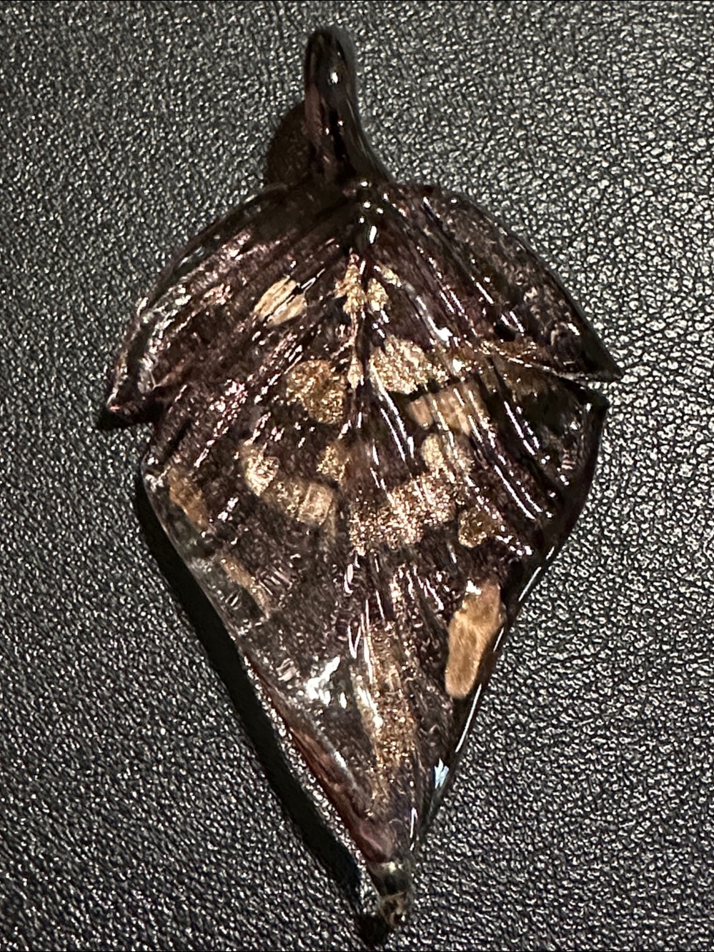 Gold Fleck Purple Blown Glass Artisan Leaf Pendant